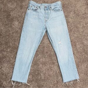 Levi's 501 Jeans Women 28x23 L Blue Cropped Fray Button Fly Distressed Ankle